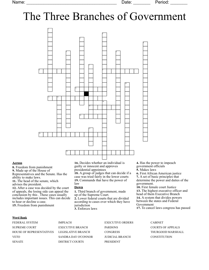 The Three Branches of Government  Crossword