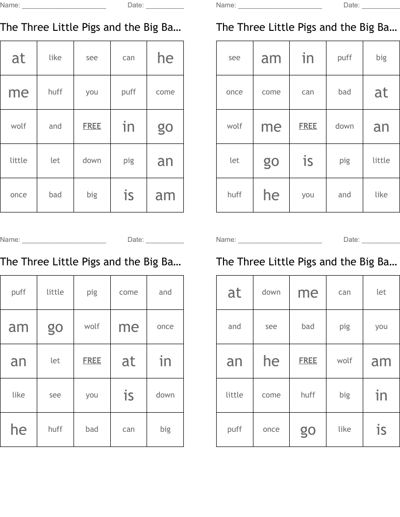 The Three Little Pigs and the Big Bad Wolf Bingo Cards