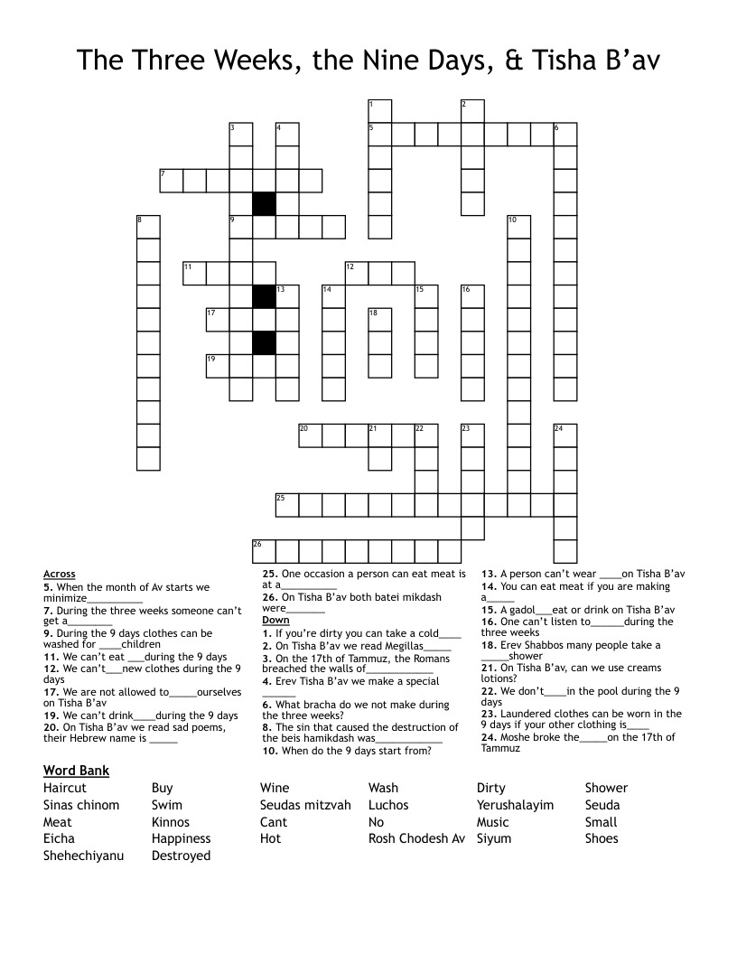 The Three Weeks, the Nine Days, & Tisha B’av Crossword