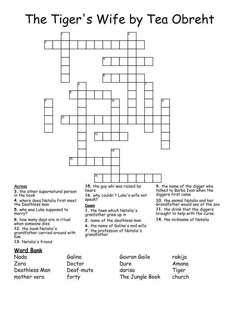 The Tiger's Wife by Tea Obreht Crossword