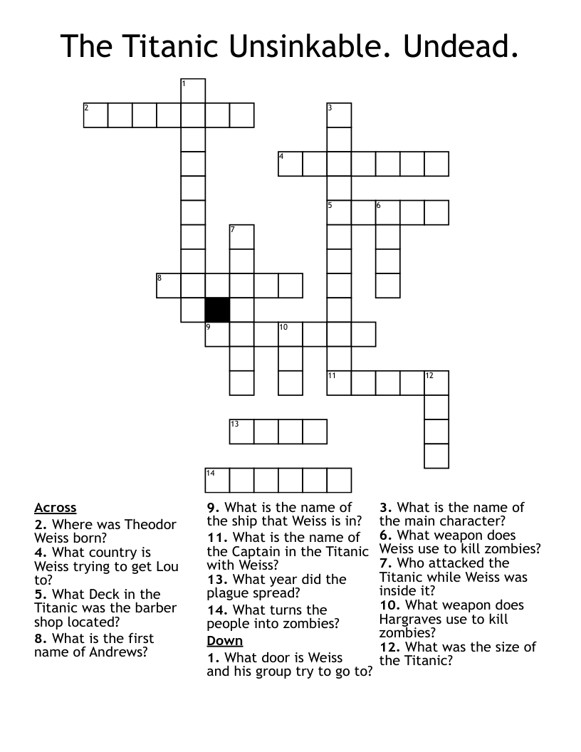 The Titanic Unsinkable. Undead. Crossword