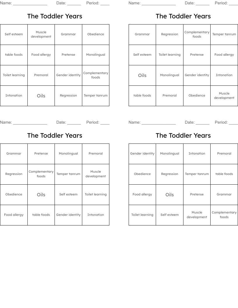 The Toddler Years Bingo Cards