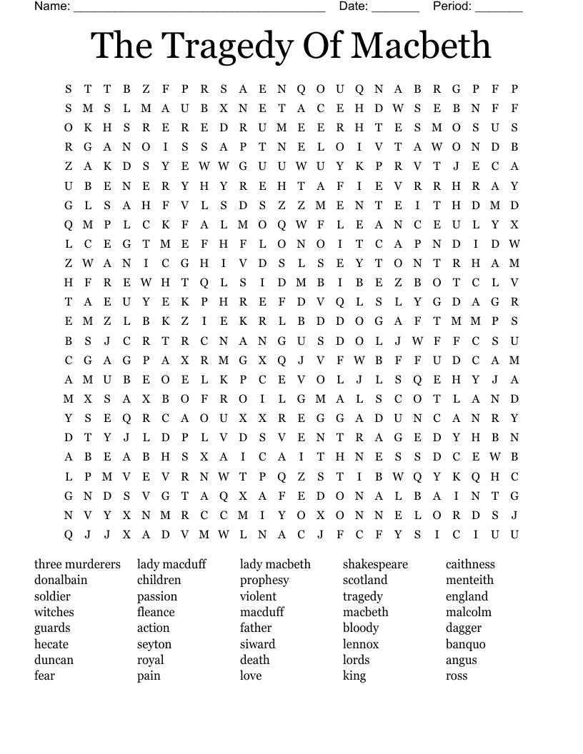 The Tragedy Of Macbeth Word Search