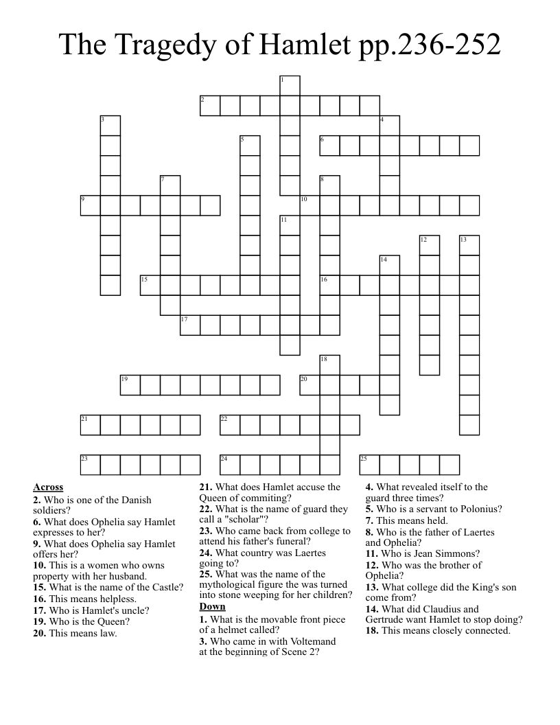 The Tragedy of Hamlet pp.236-252 Crossword