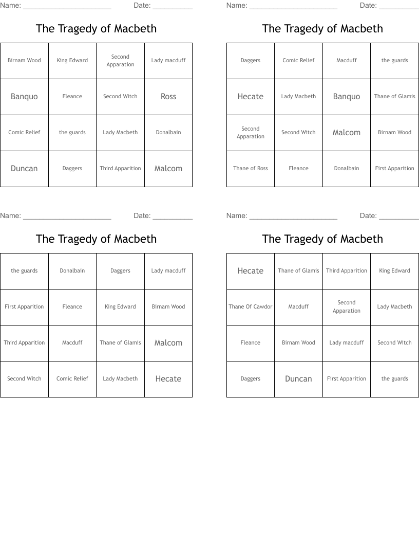 The Tragedy of Macbeth Bingo Cards