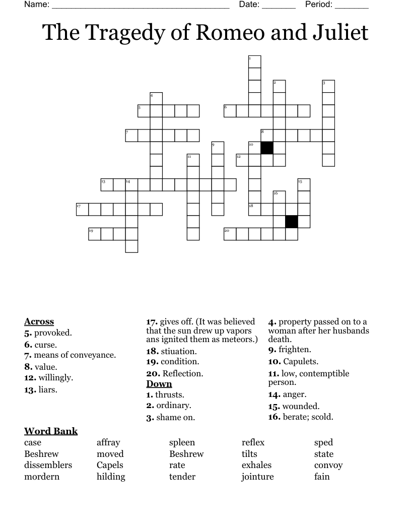 The Tragedy of Romeo and Juliet Crossword