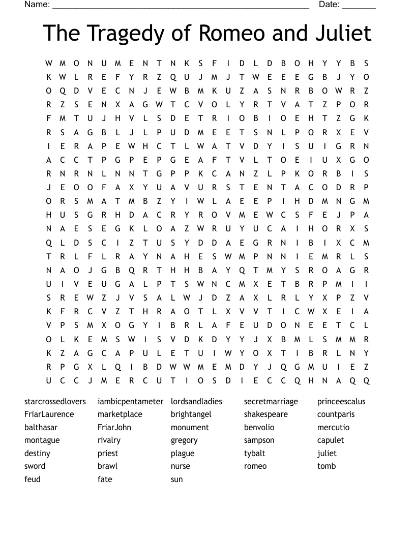 The Tragedy of Romeo and Juliet Word Search