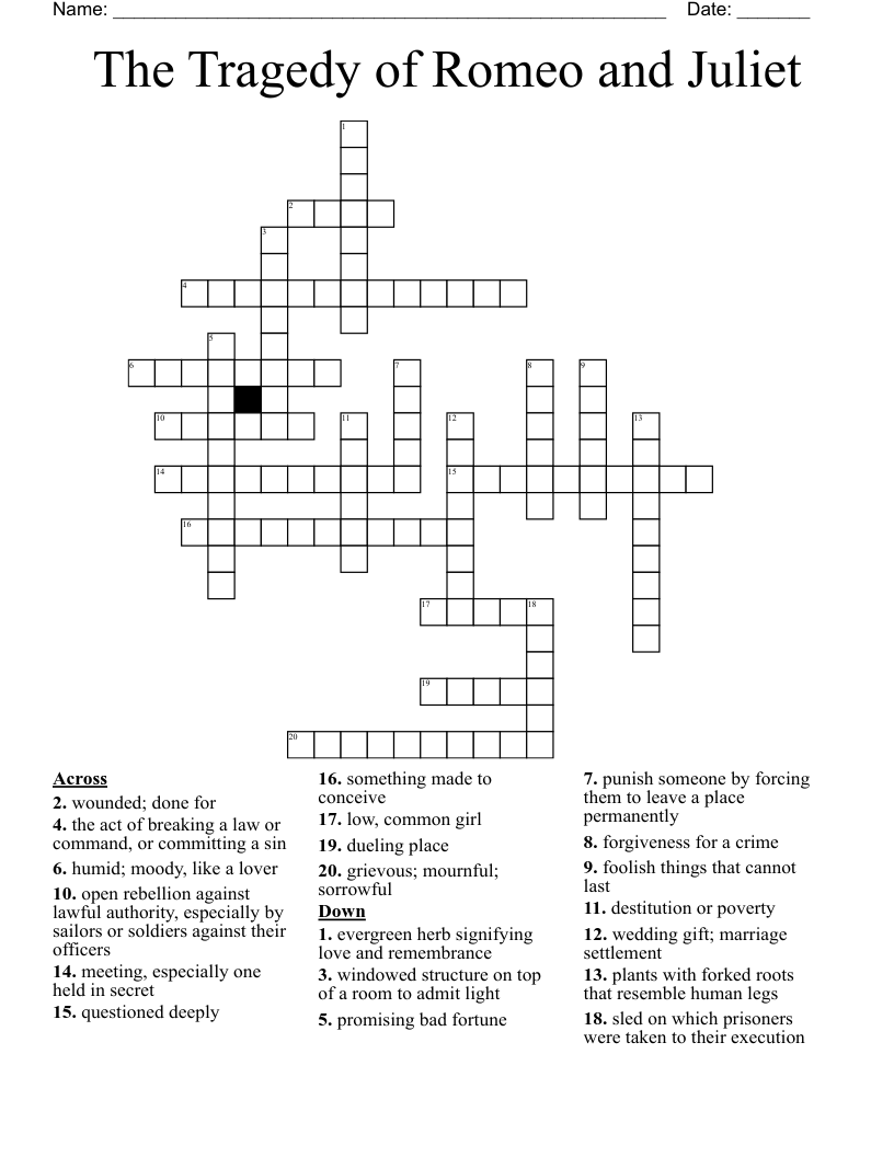The Tragedy of Romeo and Juliet Crossword