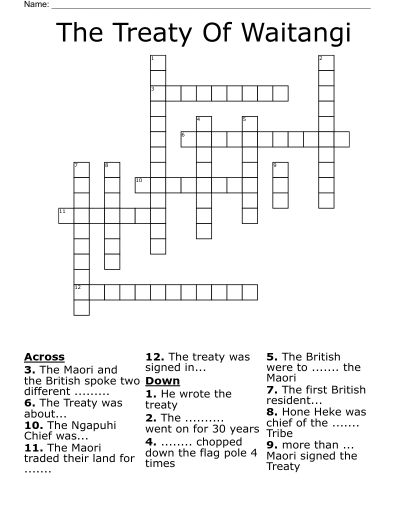 The Treaty Of Waitangi Crossword