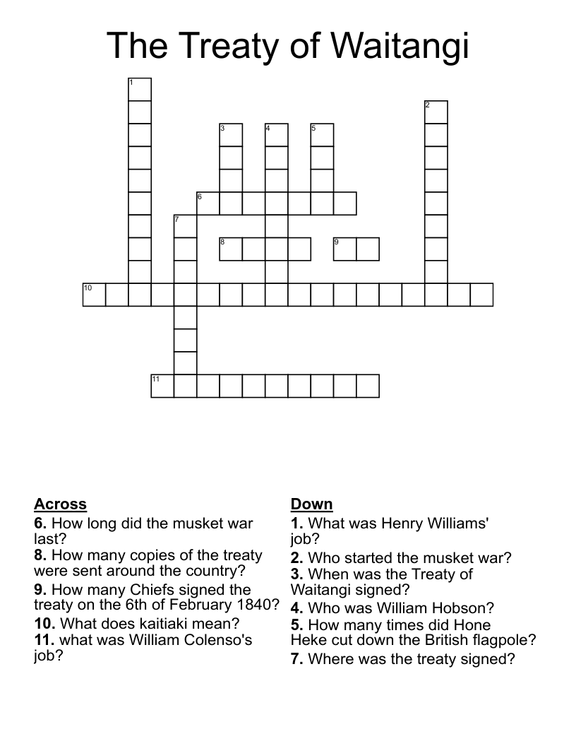 The Treaty of Waitangi Crossword