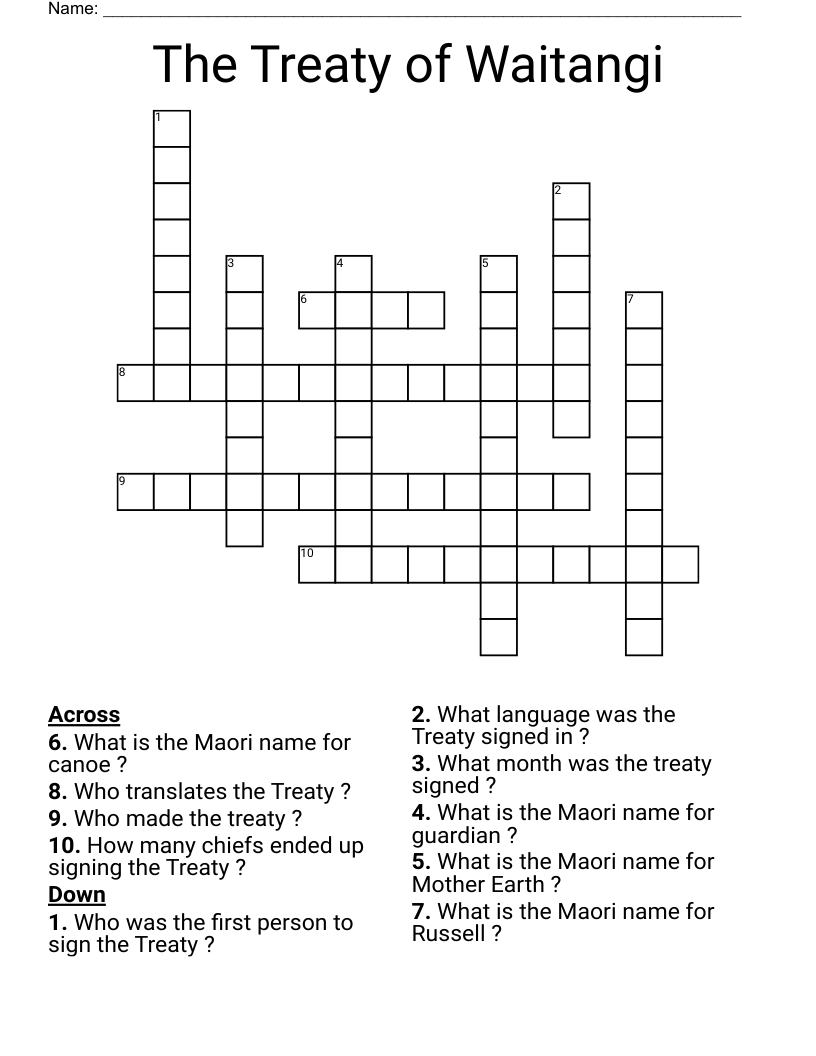 The Treaty of Waitangi Crossword