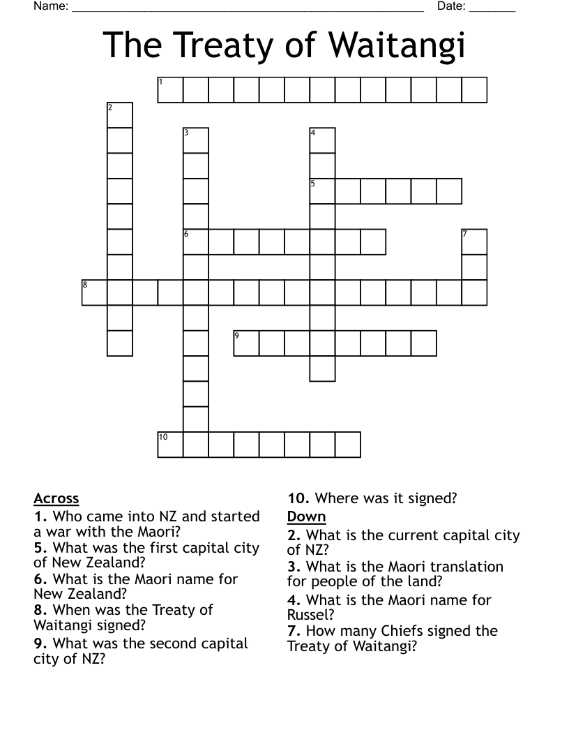 The Treaty of Waitangi Crossword