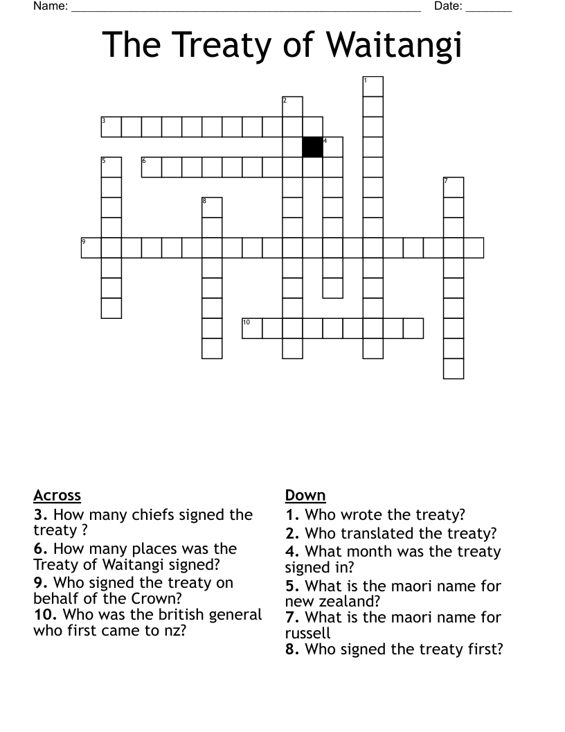 The Treaty of Waitangi Crossword