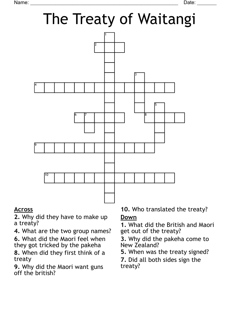 The Treaty of Waitangi Crossword