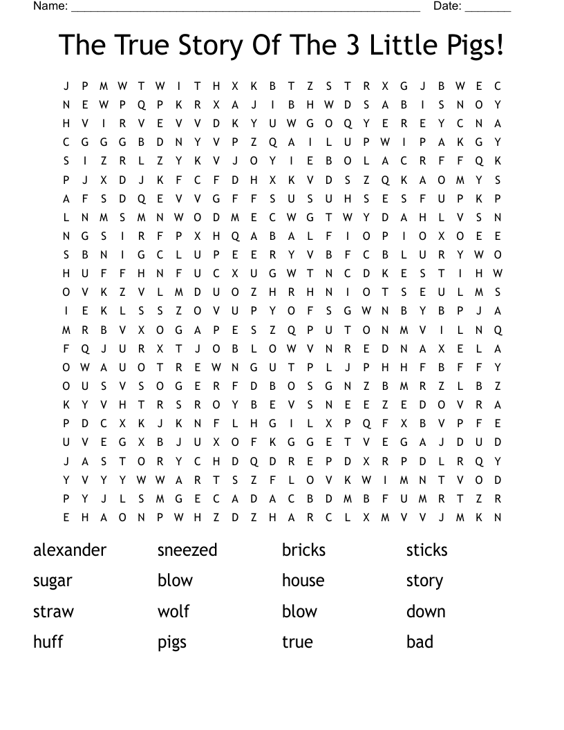 The True Story Of The 3 Little Pigs! Word Search