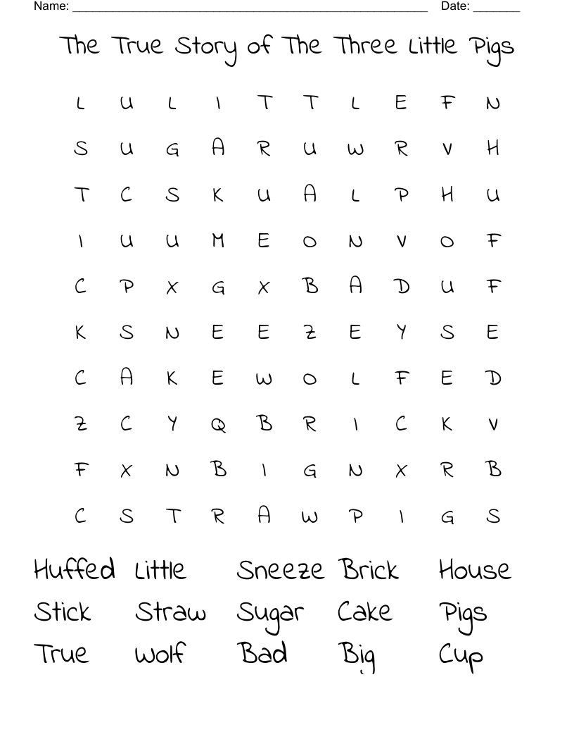 The True Story of The Three Little Pigs Word Search