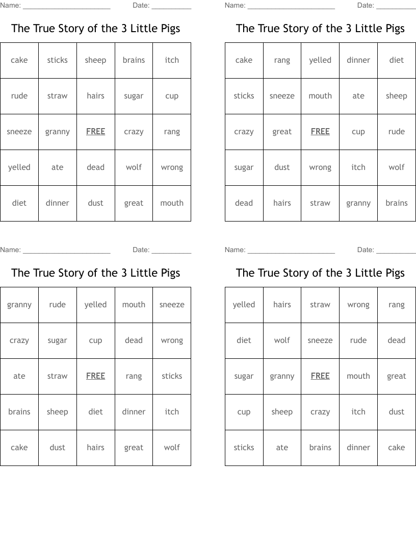 The True Story of the 3 Little Pigs Bingo Cards