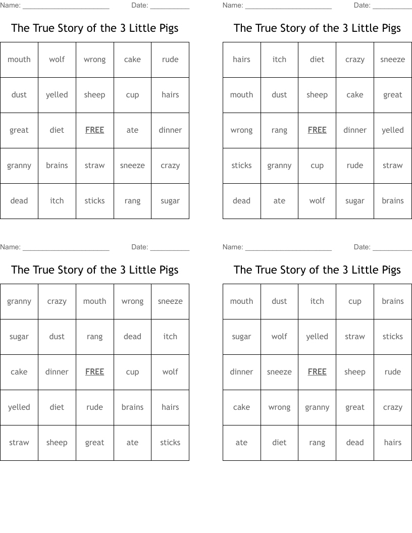 The True Story of the 3 Little Pigs Bingo Cards