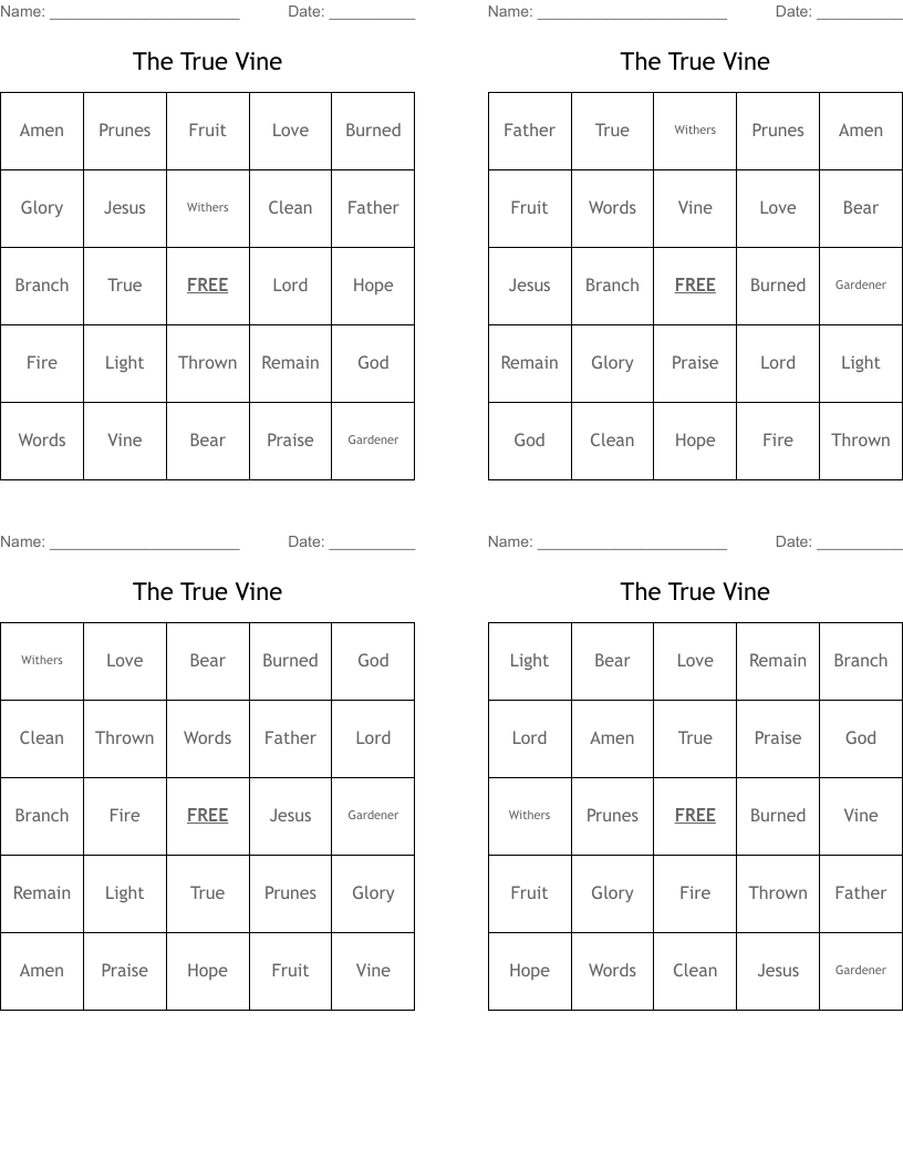 The True Vine Bingo Cards