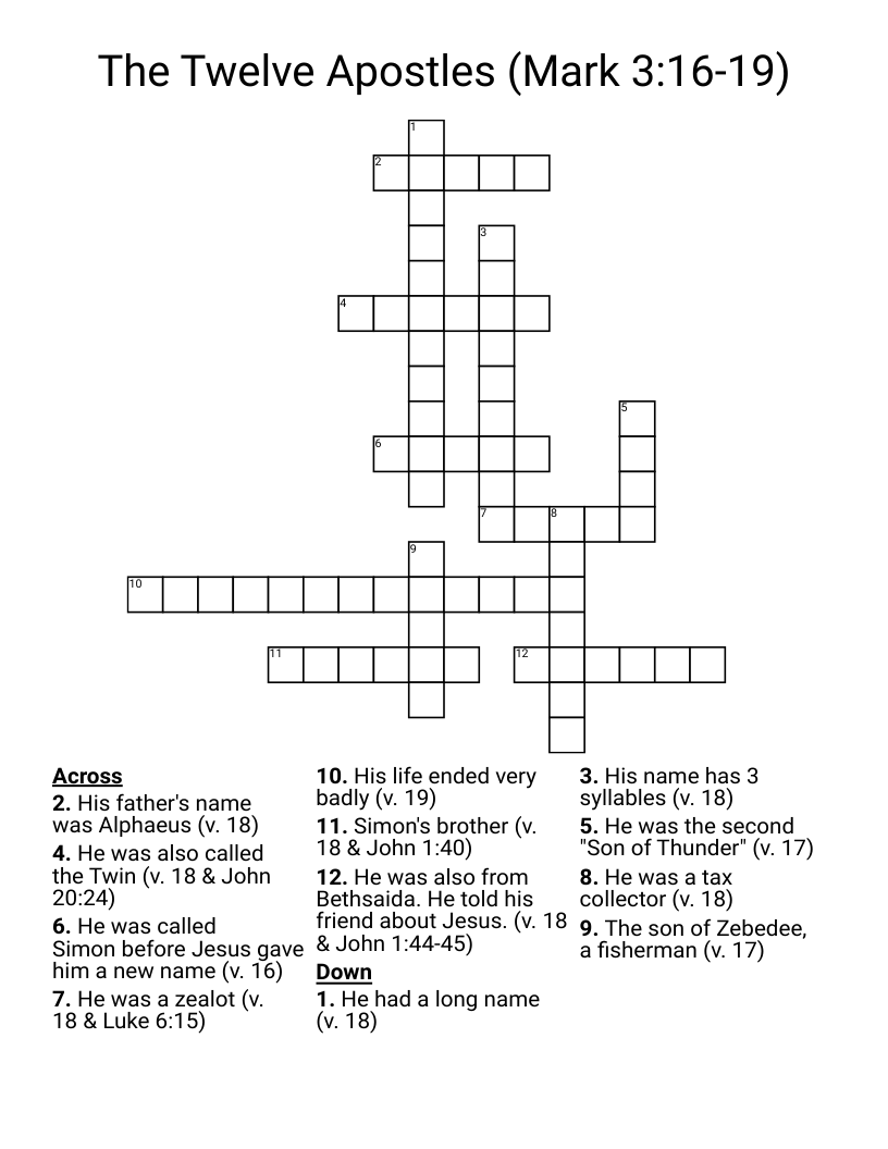 The Twelve Apostles  (Mark 3:16-19) Crossword