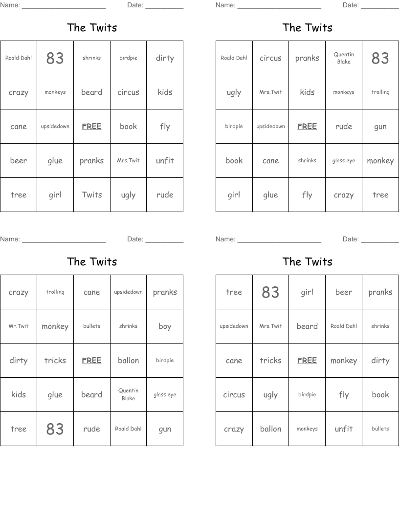 The Twits Bingo Cards