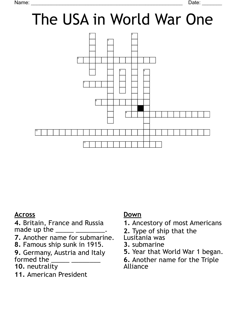 The USA in World War One Crossword