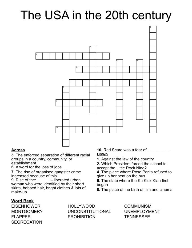 The USA in the 20th century Crossword