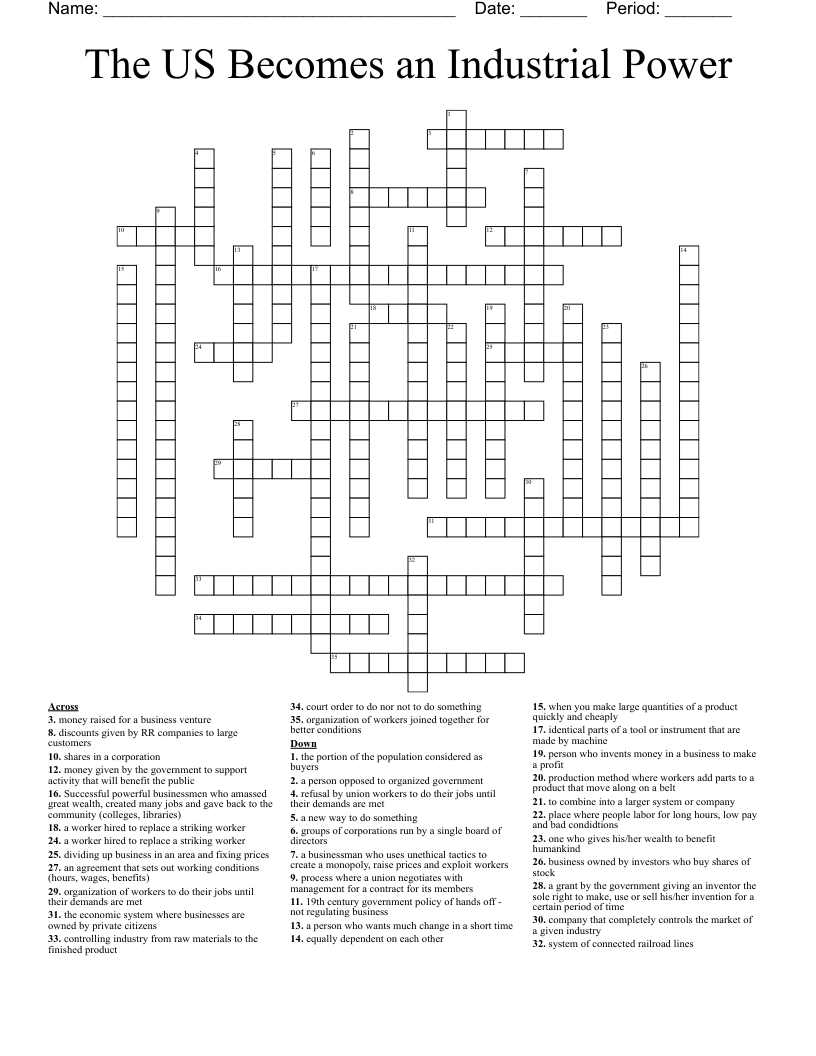 The US Becomes an Industrial Power Crossword