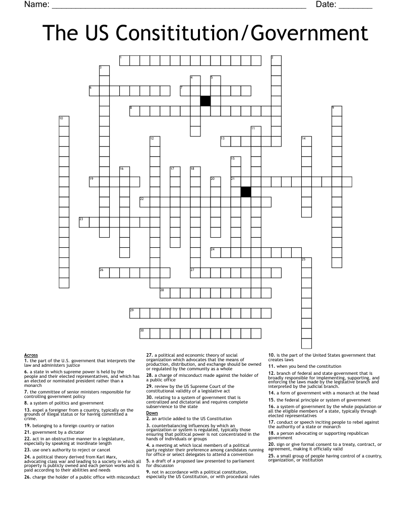 The US Consititution/Government Crossword