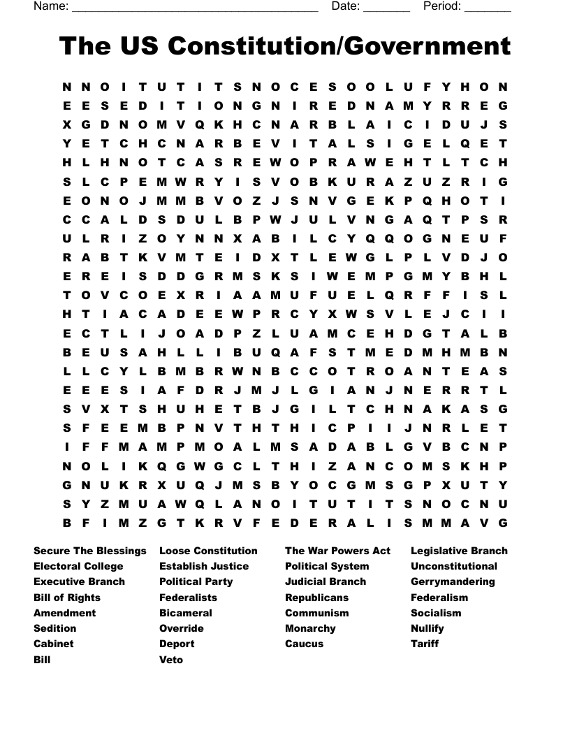 The US Constitution/Government Word Search