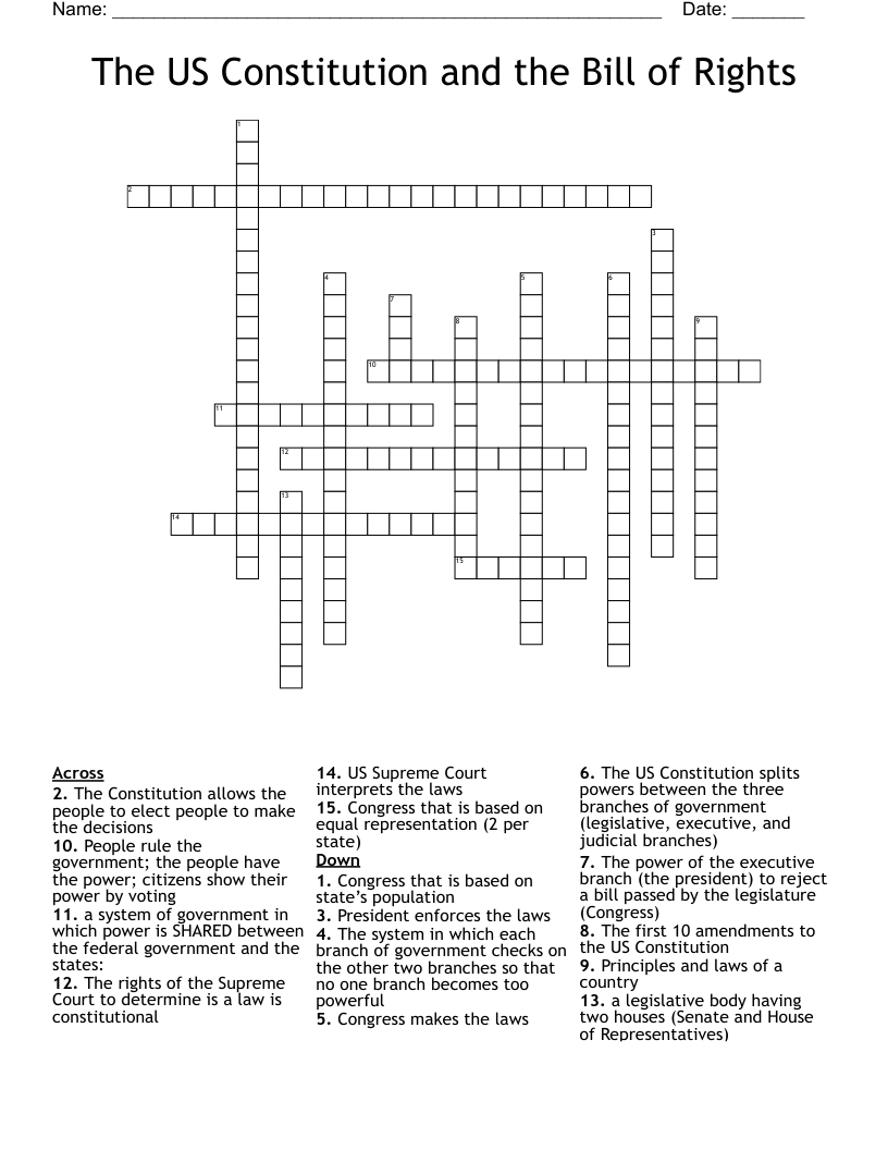 The US Constitution and the Bill of Rights Crossword