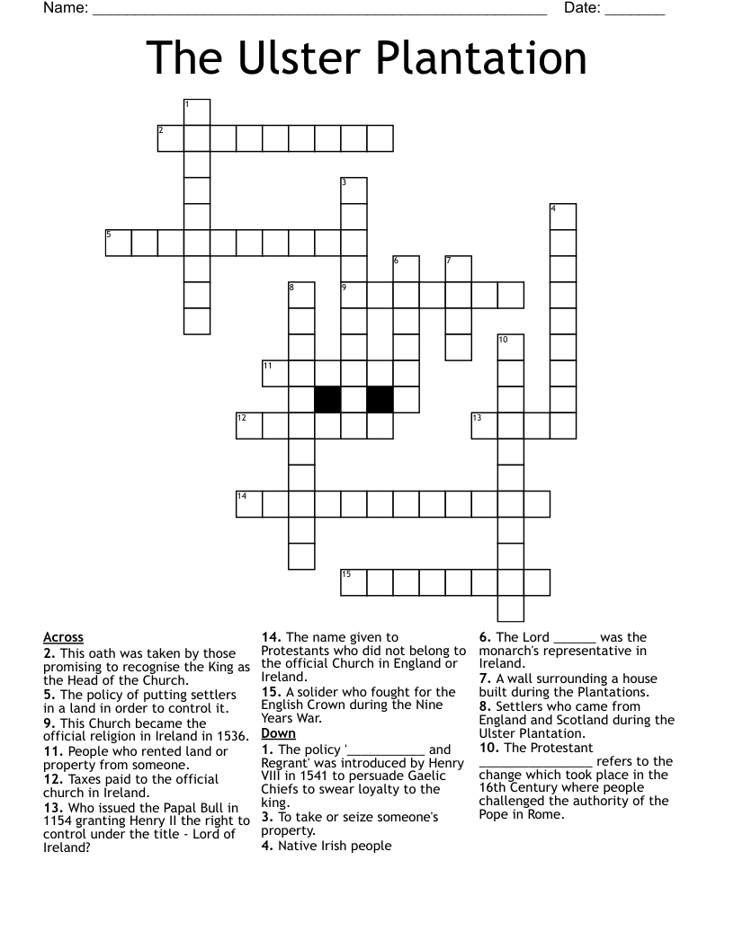 The Ulster Plantation  Crossword