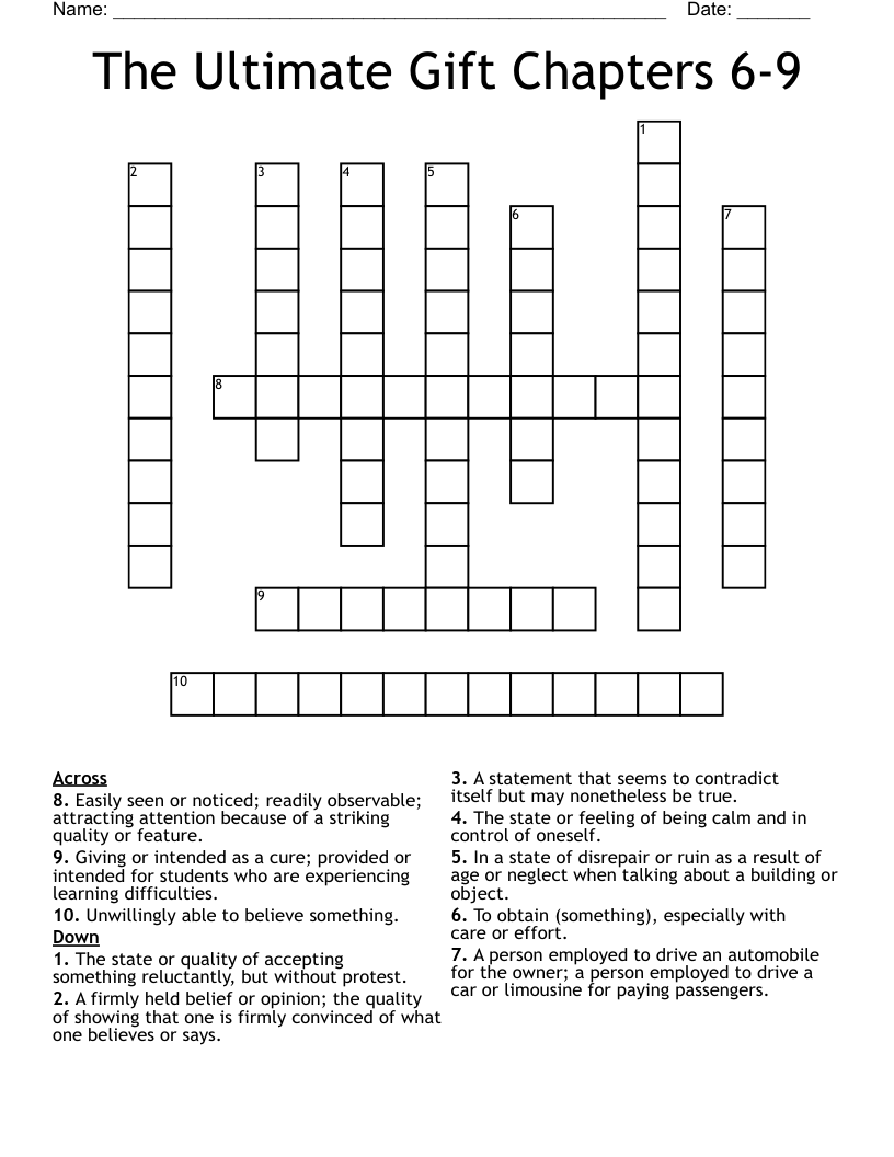 The Ultimate Gift Chapters 6-9 Crossword