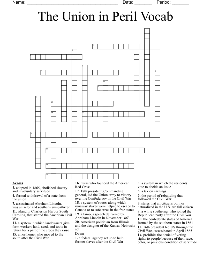 The Union in Peril Vocab Crossword