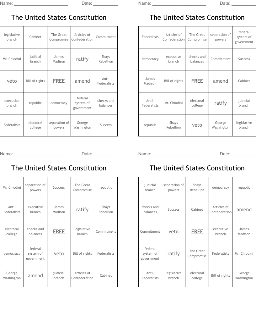 The United States Constitution Bingo Cards