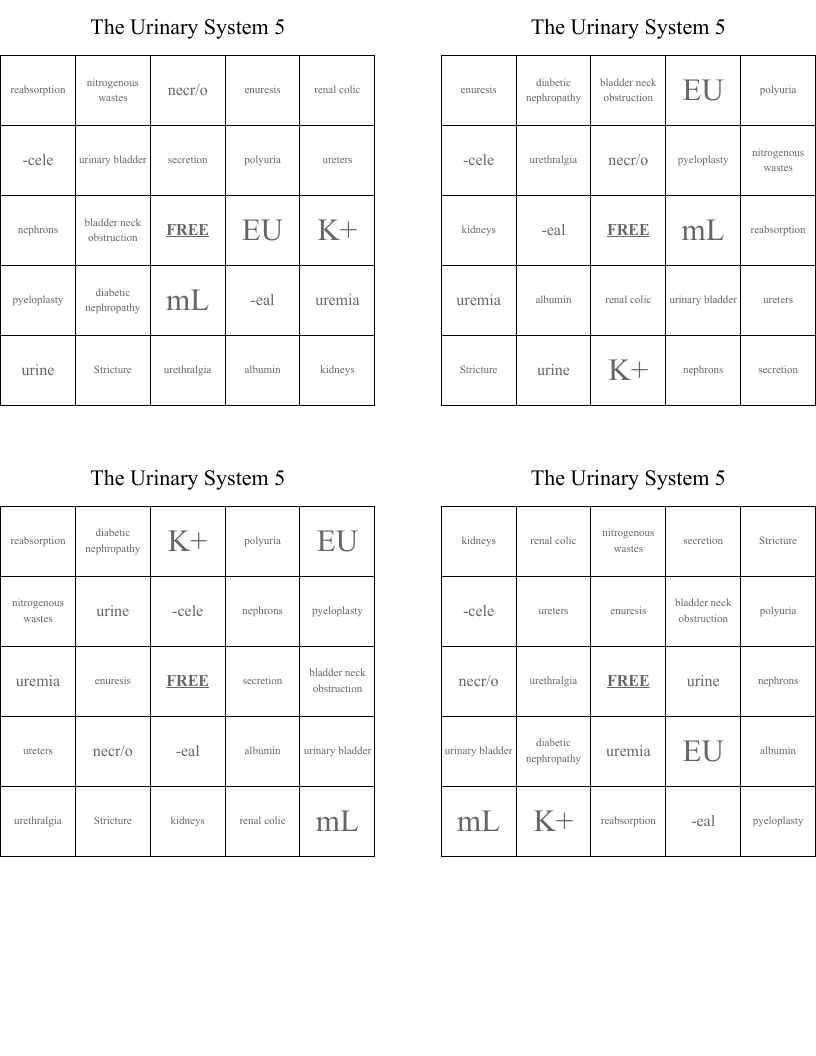 The Urinary System 5 Bingo Cards