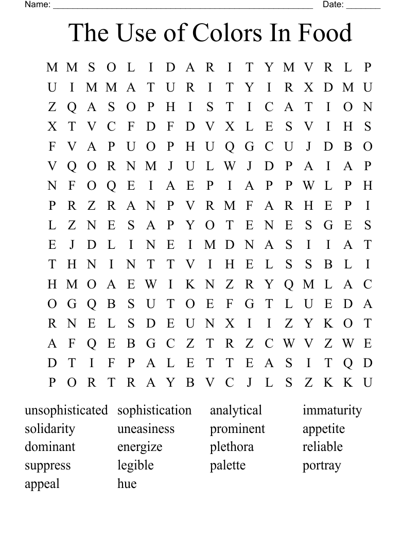 The Use of Colors In Food Word Search