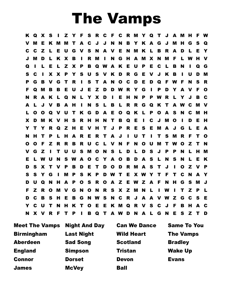 The Vamps Word Search