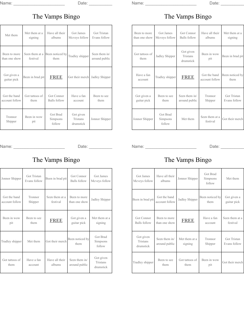 The Vamps Bingo