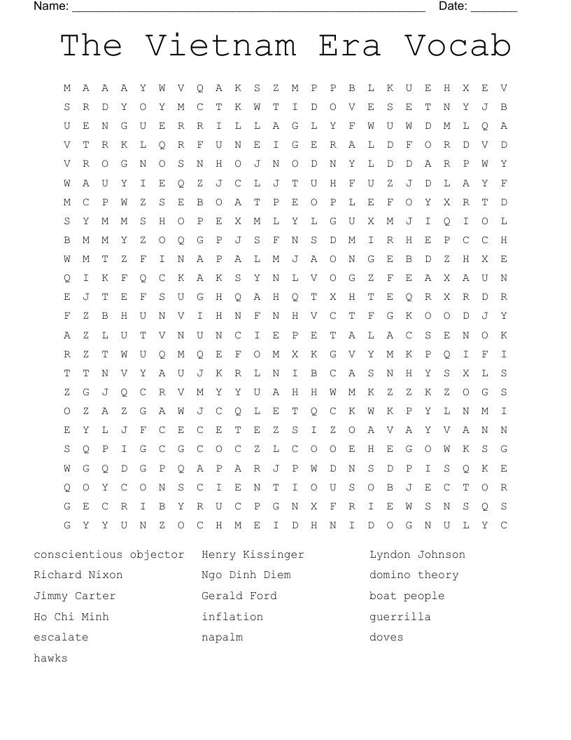 The Vietnam Era Vocab Word Search