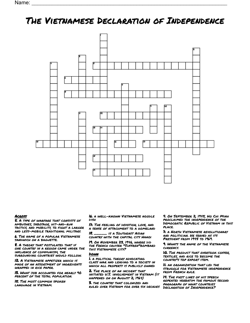 The Vietnamese Declaration of Independence Crossword