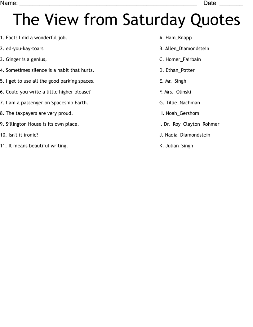 The View from Saturday Quotes Worksheet