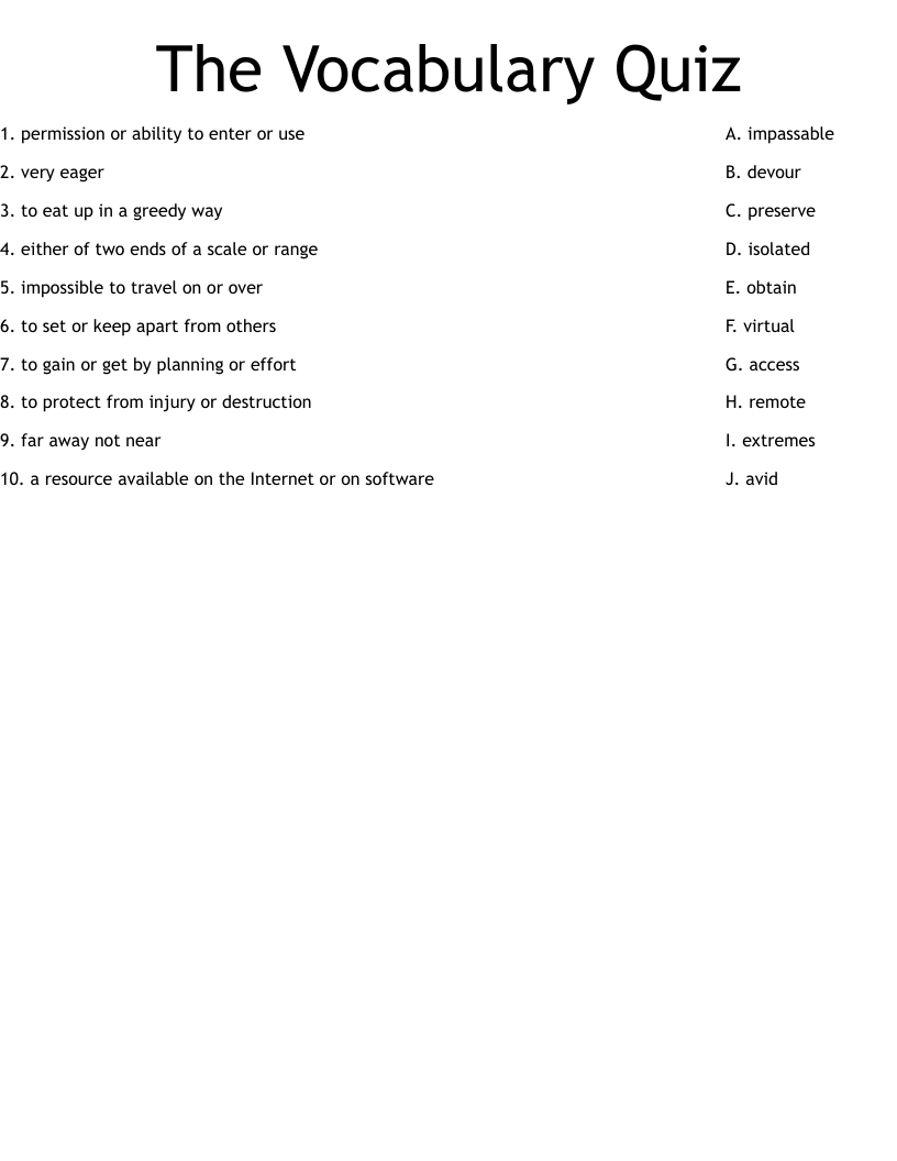 The Vocabulary Quiz Worksheet