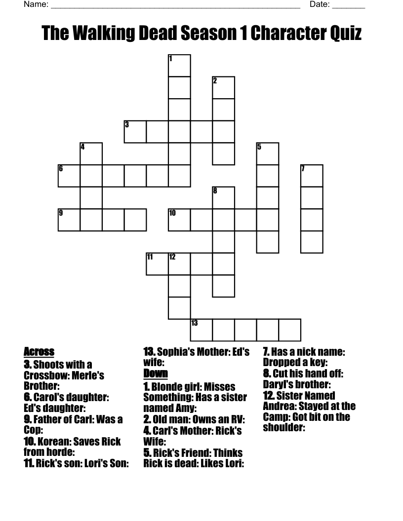 The Walking Dead Season 1 Character Quiz Crossword