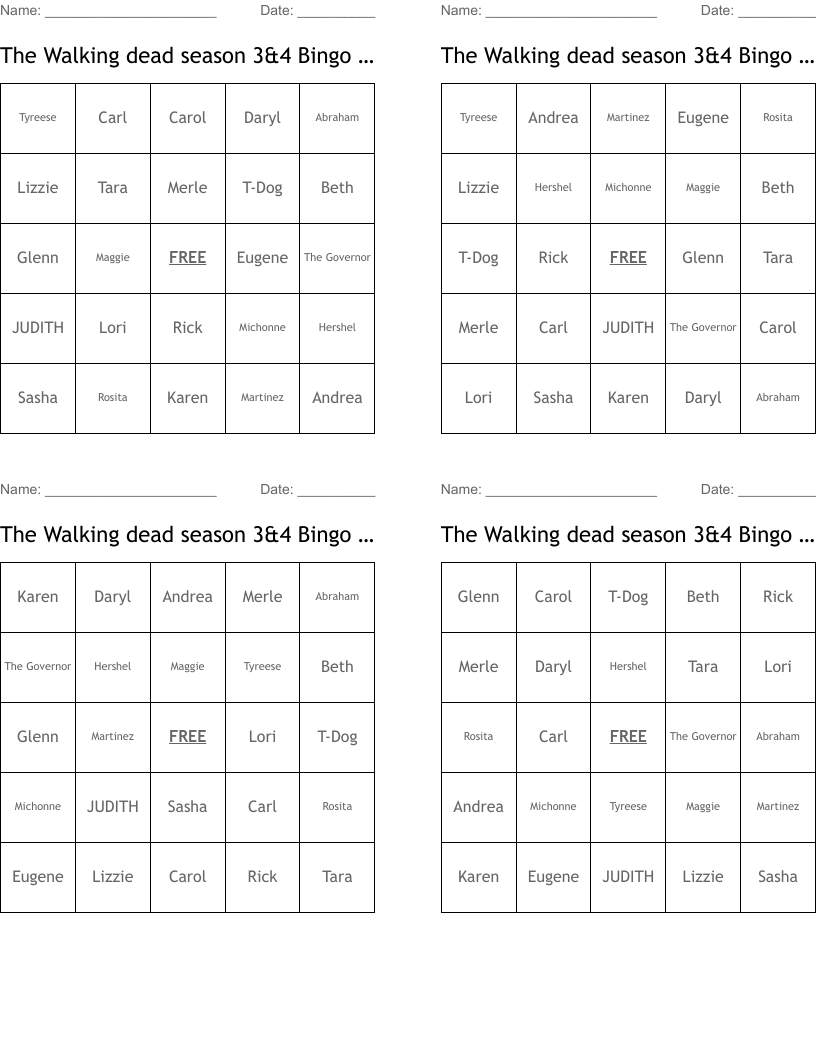 The Walking dead season 3&4 Bingo Card