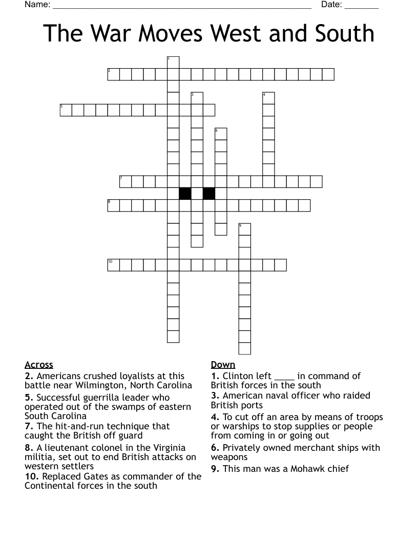 The War Moves West and South Crossword