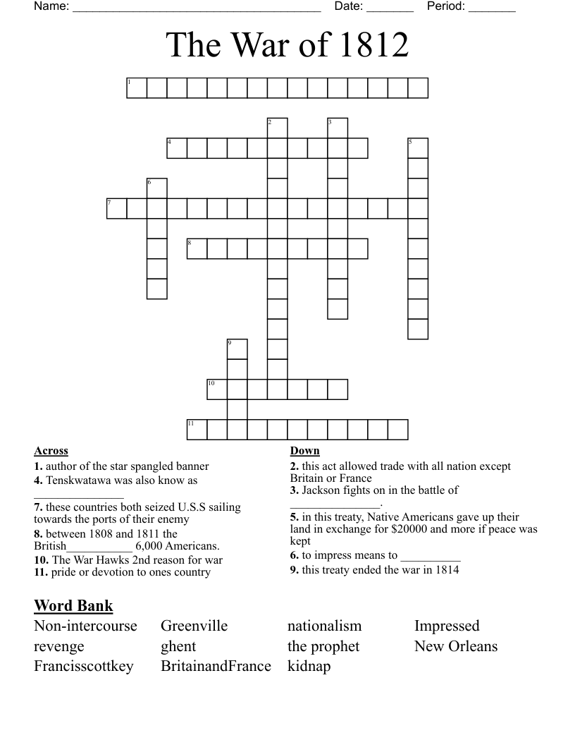The War of 1812 Crossword