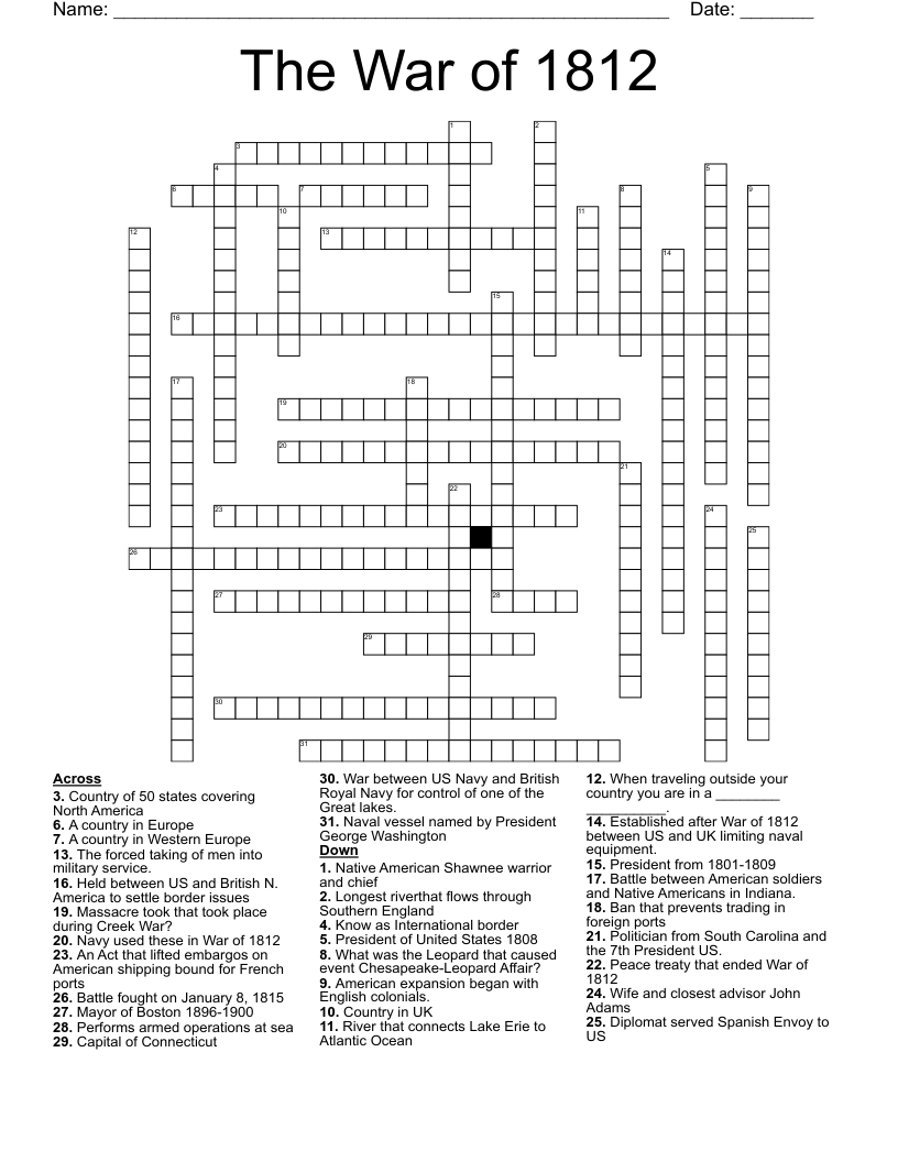 The War of 1812 Crossword