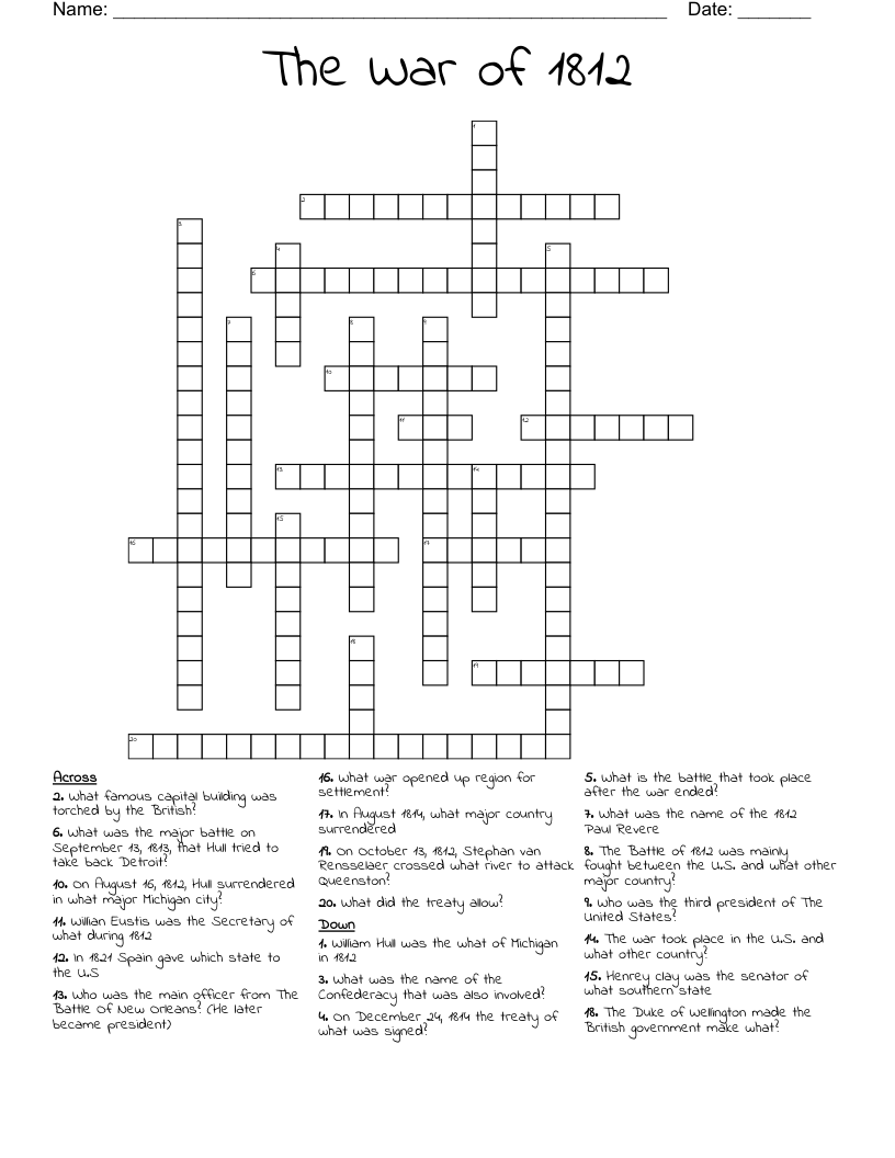 The War of 1812 Crossword