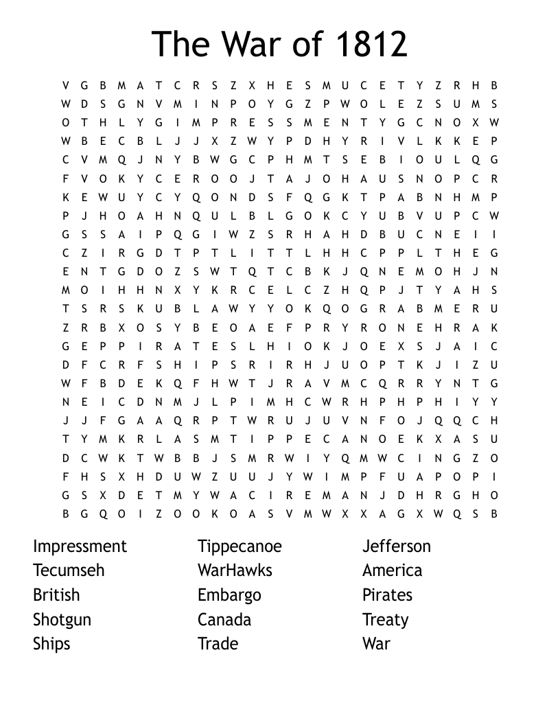 The War of 1812 Word Search